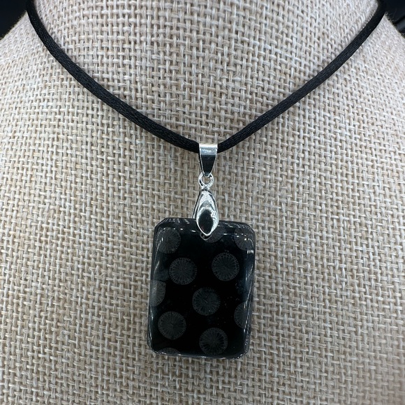 Black Coral Fossil Pendant Necklace on Black Satin Rope - Picture 5 of 14